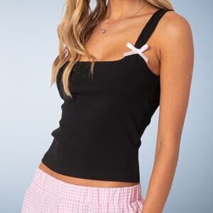 Edikted Lola Ribbed Tank Top Black Pink Bows Coquette Size Medium